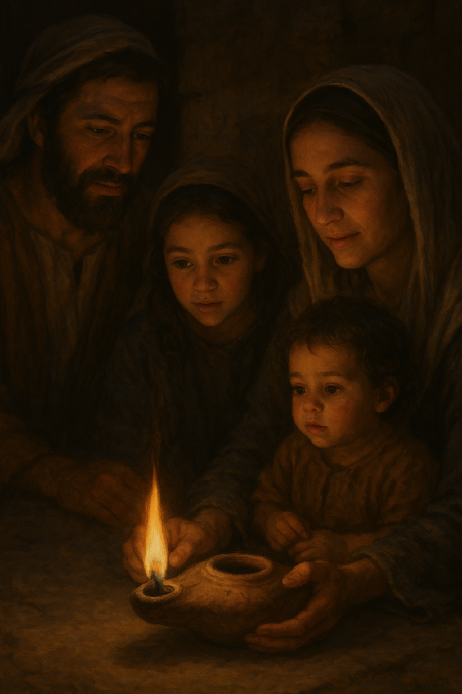Jewish family (father, mother, son and daughter) with biblical oil lamp
